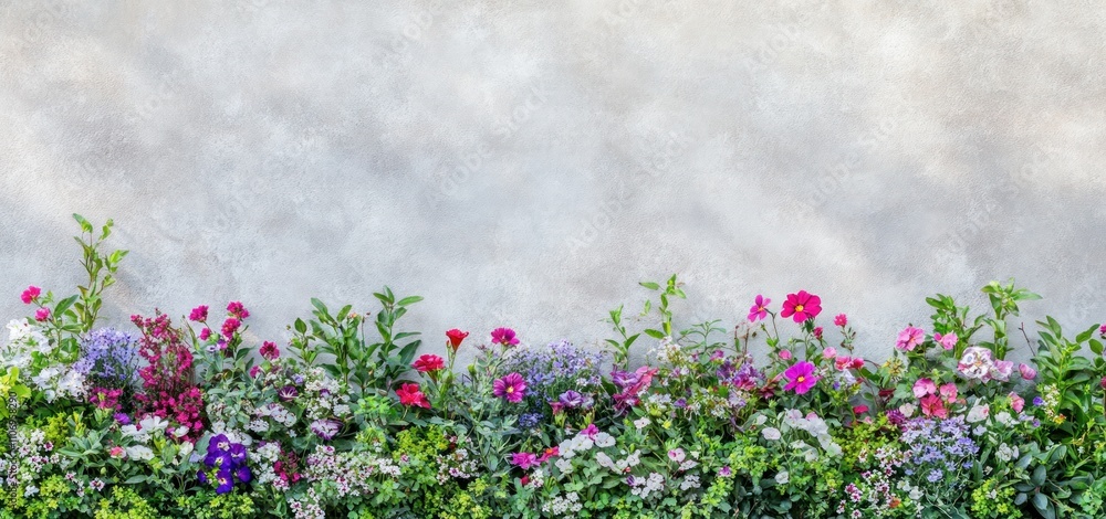A vibrant flower garden with various colorful blooms against a textured background. A vibrant flower garden with various colorful blooms against a textured background.