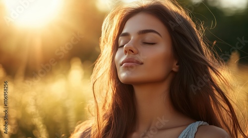 Young woman with long hair enjoying sun with closed eyes getting natural vitamin D outdoors. Peace of mind. Mindfulness, mental health, spirituality, well-being, unwind yourself