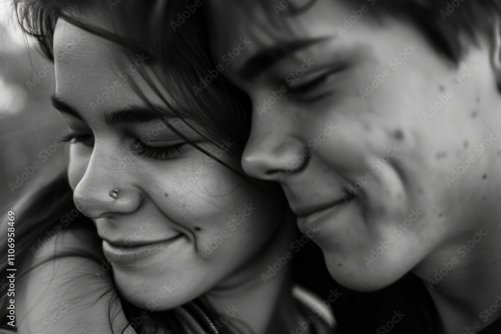 Couple is hugging and smiling at the camera. The girl has a nose ring and the boy has a beard. Scene is happy and affectionate Couple is hugging and smiling at the camera. The girl has a nose ring and the boy has a beard. Scene is happy and affectionate
