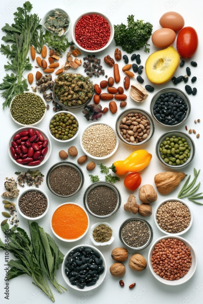 White background with a variety of colorful food items such as nuts, beans, and vegetables. Concept of abundance and diversity in the types of food available White background with a variety of colorful food items such as nuts, beans, and vegetables. Concept of abundance and diversity in the types of food available