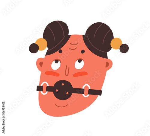 Funny quirky character with gag. Whimsical face avatar, girl with hair buns and plugged mouth. Playful portrait, comic user profile. Humour flat vector illustration isolated on white background