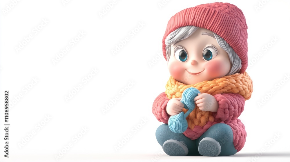 A cute animated elderly character knitting with a cheerful expression. A cute animated elderly character knitting with a cheerful expression.