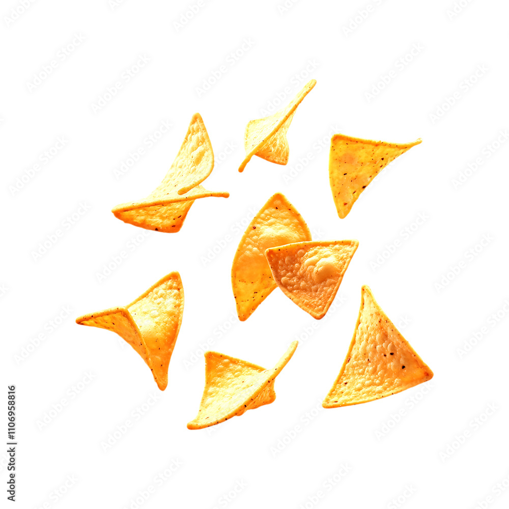 Falling tortilla chips crispy snack food isolated transparent background Falling tortilla chips crispy snack food isolated transparent background