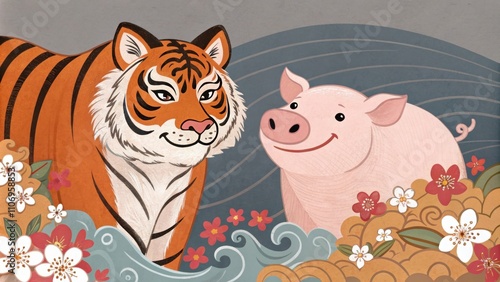 Bold Tiger and Wise Pig The fierce tiger with its intense gaze and striking stripes is portrayed standing proudly beside a wiselooking pig whose rounded features and warm smile photo