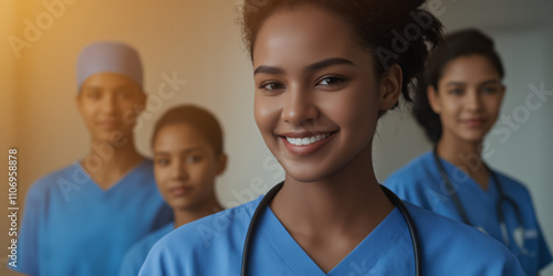 A group of healthcare professionals smiling together in scrubs, conveying a sense of teamwork and dedication in a medical setting for people.