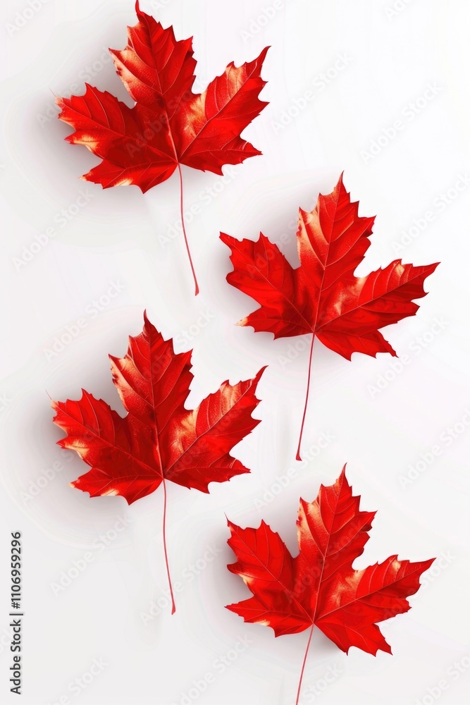 Four red maple leaves are arranged in a row on a white background. The leaves are large and vibrant, creating a sense of warmth and energy. The image evokes a feeling of autumn Four red maple leaves are arranged in a row on a white background. The leaves are large and vibrant, creating a sense of warmth and energy. The image evokes a feeling of autumn