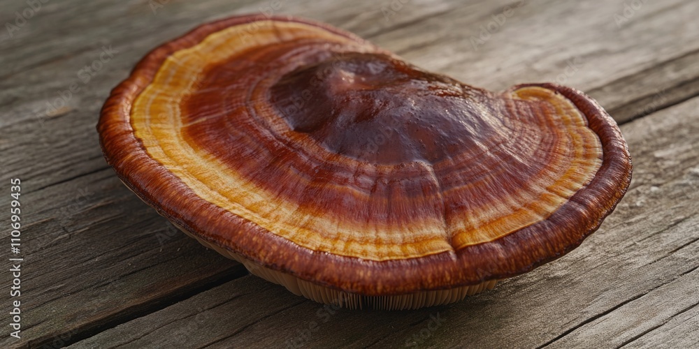 Large mushroom with a brown and orange cap sits on a wooden surface. The mushroom is the main focus of the image, and it is the most prominent object in the scene Large mushroom with a brown and orange cap sits on a wooden surface. The mushroom is the main focus of the image, and it is the most prominent object in the scene