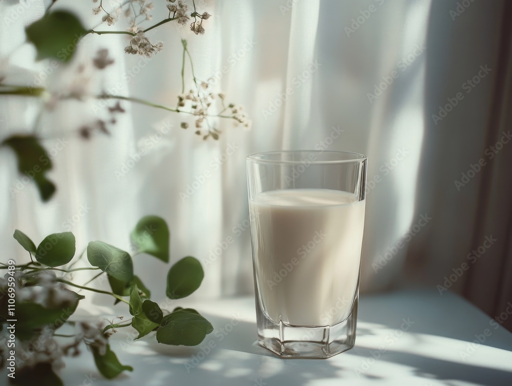 Glass of milk is sitting on a table next to some flowers. The glass is half full and the flowers are in the background. The scene is simple and peaceful, with the milk Glass of milk is sitting on a table next to some flowers. The glass is half full and the flowers are in the background. The scene is simple and peaceful, with the milk