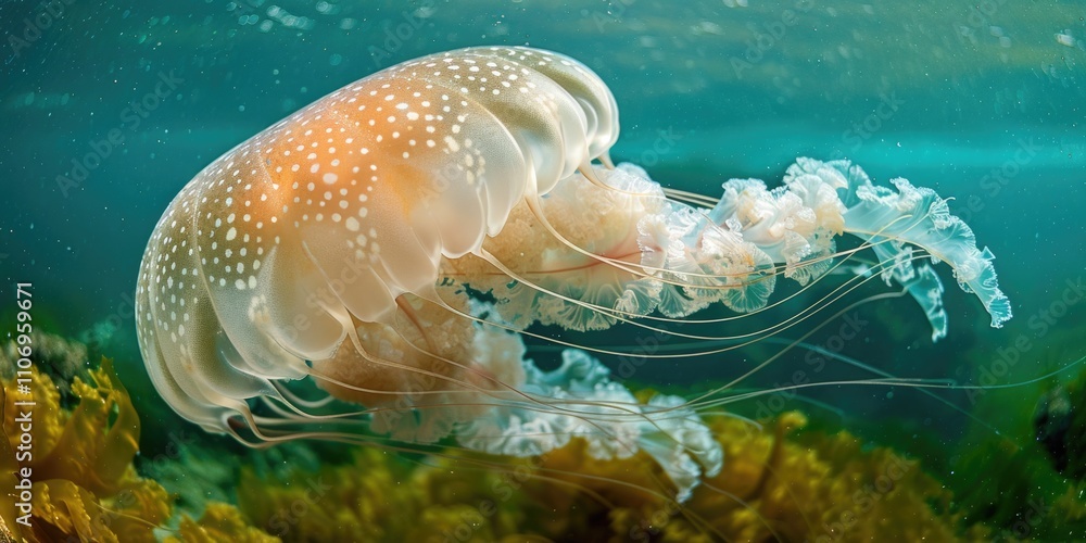 Jellyfish is swimming in the ocean. The jellyfish is white and has a lot of spots Jellyfish is swimming in the ocean. The jellyfish is white and has a lot of spots