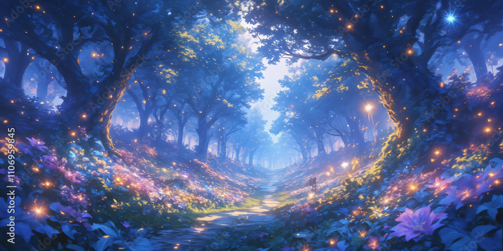 Fototapeta premium A mystical forest pathway illuminated by soft light and adorned with colorful flowers, creating a serene and enchanting atmosphere for graphic resources.