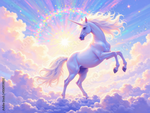 A stunning illustration of a unicorn surrounded by clouds and a radiant rainbow, featuring vibrant colors and a magical atmosphere for graphic resources.