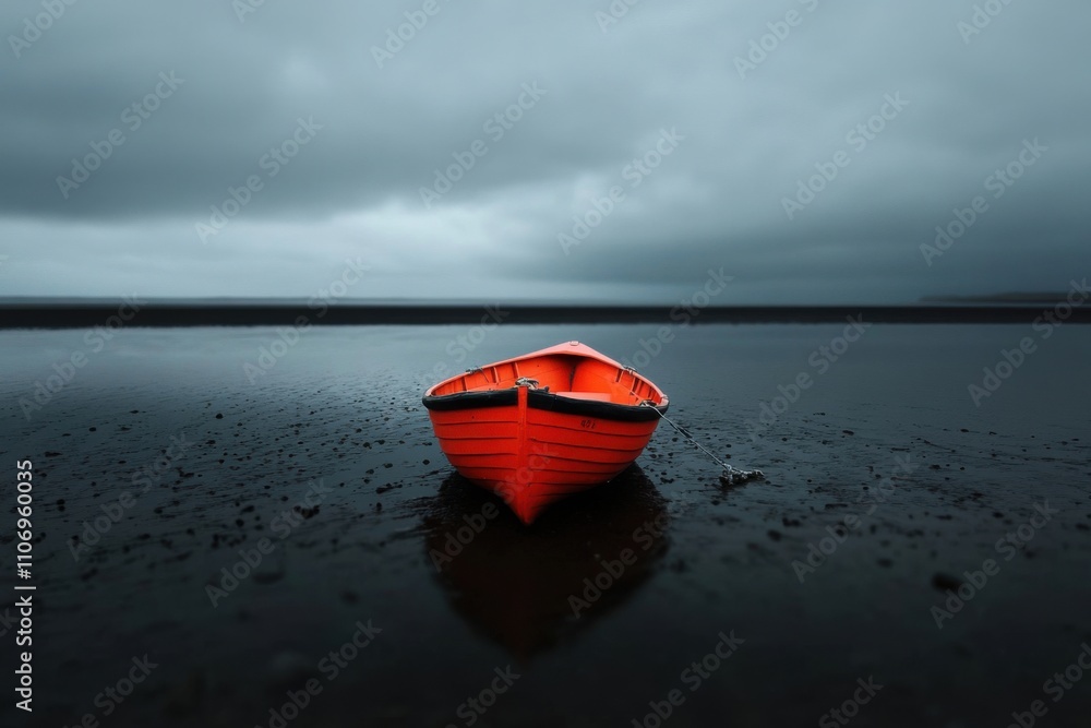 Small orange boat resting on wet sand under cloudy sky Small orange boat resting on wet sand under cloudy sky