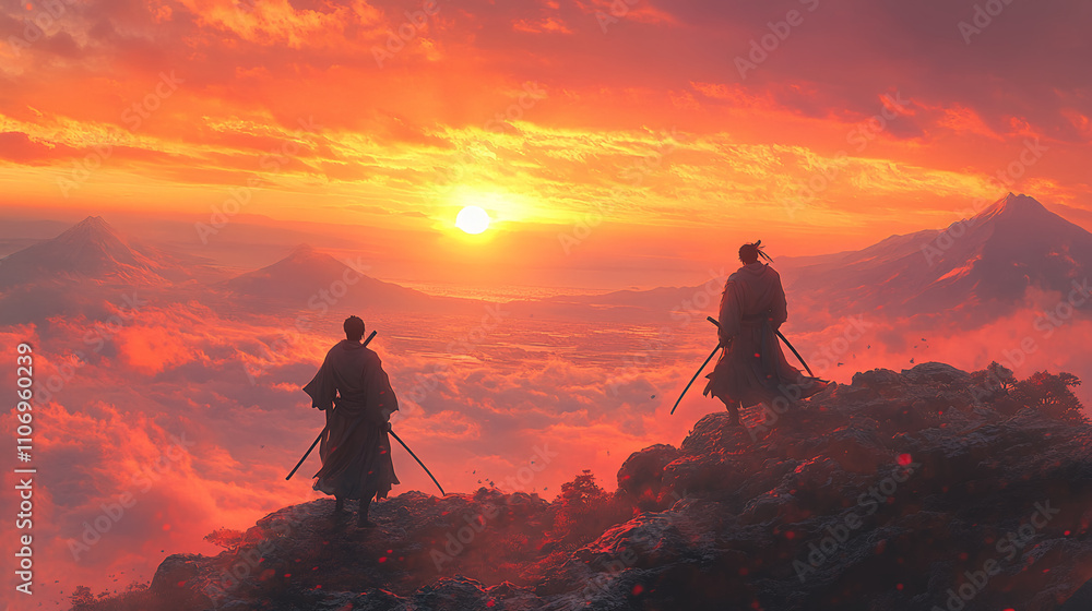 Fototapeta premium samurai, japan, japanese, ninja, katana, japanese sword, duel, art, scene, cool, emotion, sunset, beauty, war, battle, armor, warrior, snow, mt. fuji, cherry blossoms, clouds, mountain top, temple,