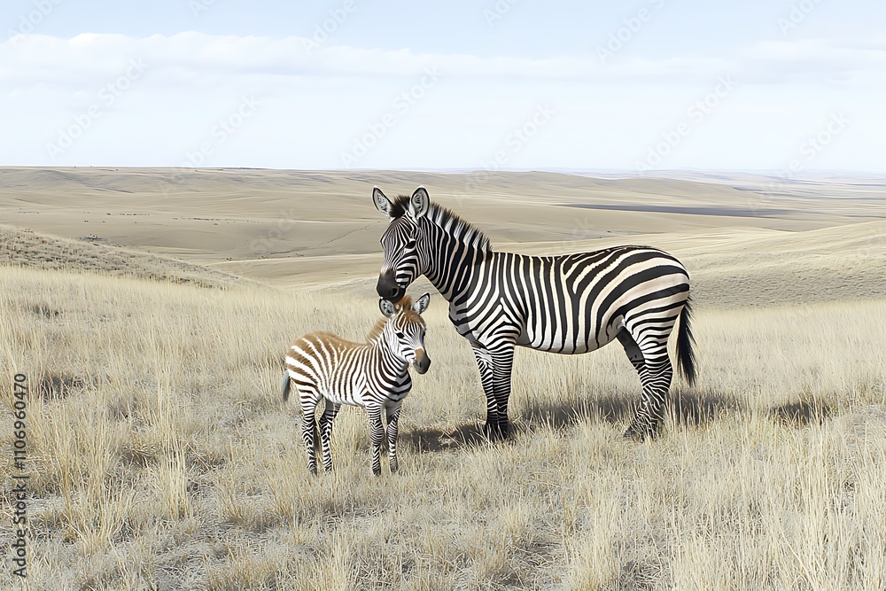 Naklejka premium Plains Zebra Adult And Foal In Grassland Habitat