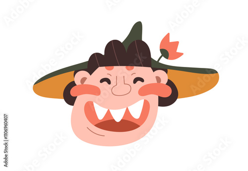 Funny happy character in hat smiling with teeth. Joyful quirky male, comic fa...
