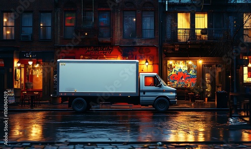 Delivery Truck Parked On A Rainy City Street At Night