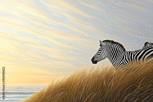 Zebras Grazing Near Ocean Sunset Grassland photo