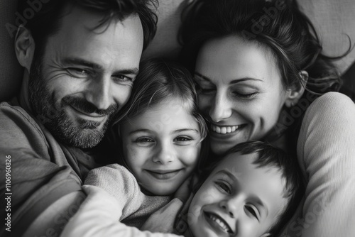 Family of four is hugging each other, with a man and a woman on the left and two children on the right. Scene is warm and loving, as the family members are enjoying each other's company