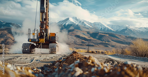 A geothermal drilling rig in operation, steam venting from the ground, with a blurred rocky landscape and distant mountains in the background. photo