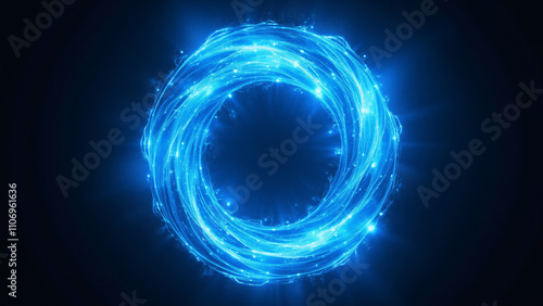 A circular abstract design filled with glowing blue particles, creating a sense of energy and motion against a dark background for graphic resources.