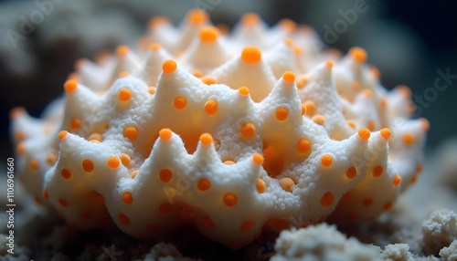 A type of coral or sponge with a textured, honeycomb like surface and bright orange spots or coral polyps, photo