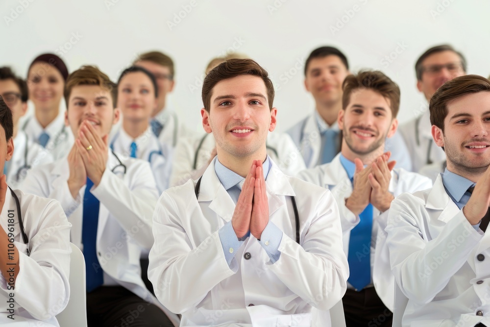 Group of doctors are clapping and smiling at a presentation. Scene is positive and celebratory Group of doctors are clapping and smiling at a presentation. Scene is positive and celebratory
