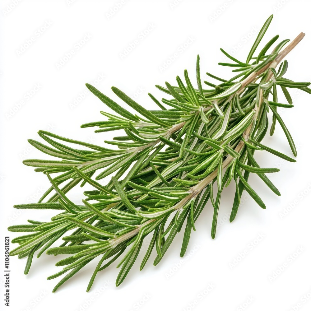Fototapeta premium Rosemary, isolated on a white background, showcasing its vibrant green leaves and aromatic appeal.