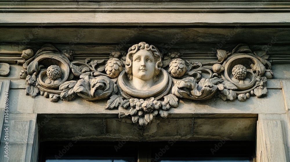 Stone carving of a woman with a head and flowers on it. The carving is on a building Stone carving of a woman with a head and flowers on it. The carving is on a building