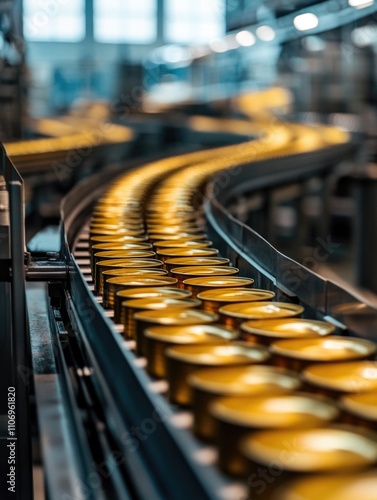 Conveyor belt is filled with cans of food. The cans are yellow and lined up in a row