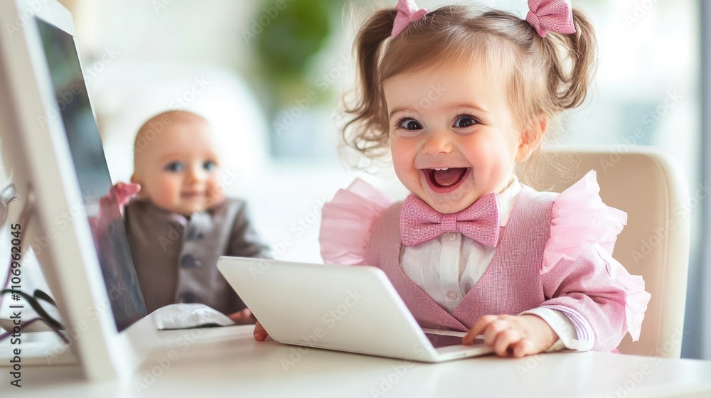 A joyful toddler smiles while playing with a tablet, accompanied by a doll in the background. A joyful toddler smiles while playing with a tablet, accompanied by a doll in the background.