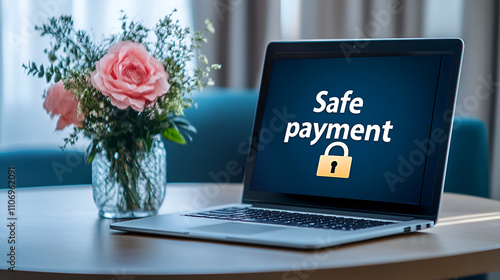 A secure online payment concept featuring a digital lock icon and a credit card, symbolizing safe and protected transactions over the internet. photo