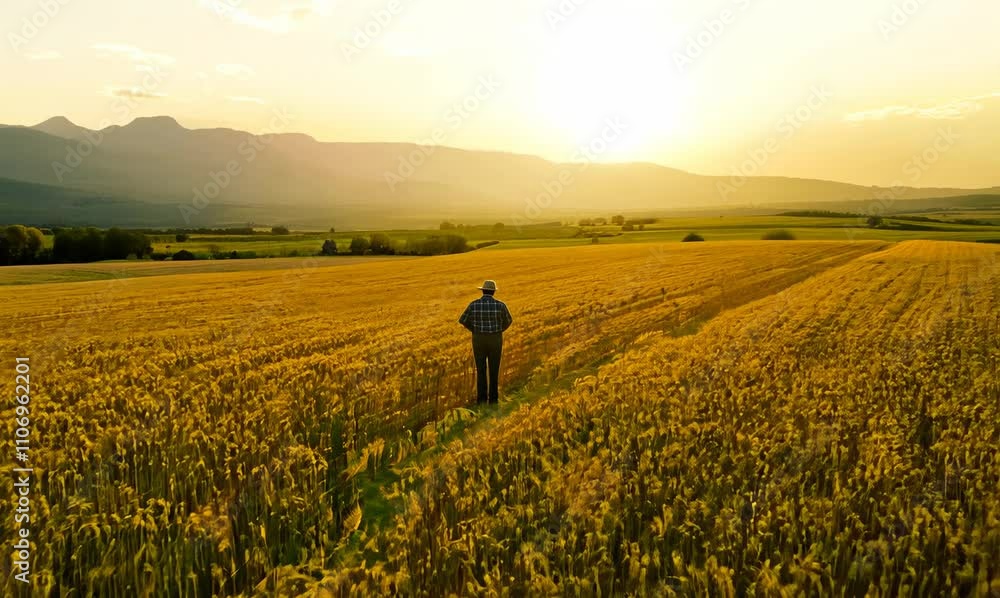 sunrise over golden field as old farmer inspects his thriving crops sunrise over golden field as old farmer inspects his thriving crops