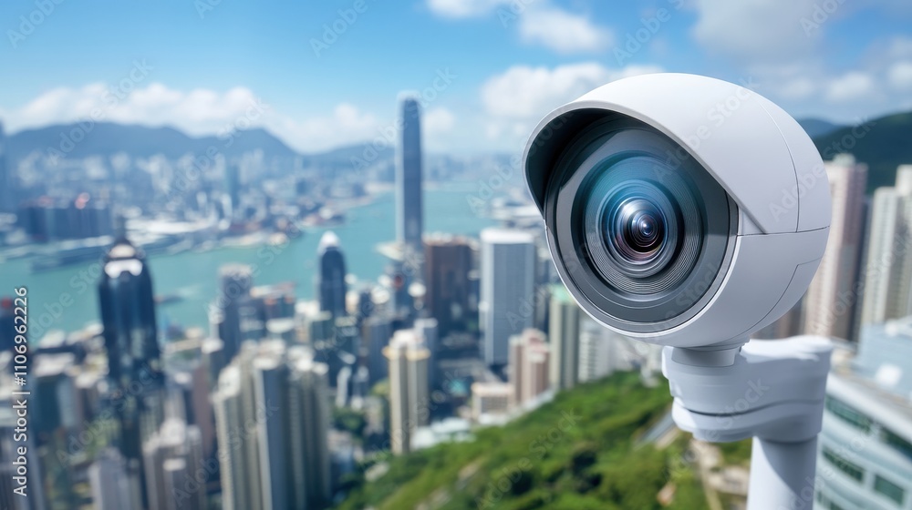 Security camera overlooking a cityscape, illustrating surveillance and observation in urban settings. Security camera overlooking a cityscape, illustrating surveillance and observation in urban settings.