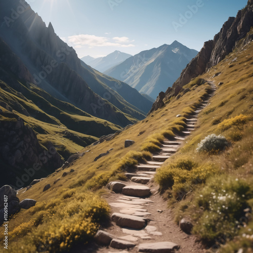 Gebirge - Wanderweg mit Blick auf felsige Gipfel