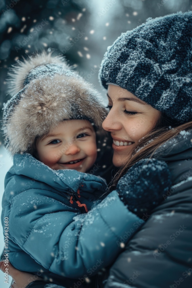 Woman is holding a child in a snowstorm. The child is smiling and the woman is wearing a blue coat Woman is holding a child in a snowstorm. The child is smiling and the woman is wearing a blue coat