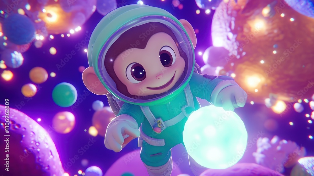 A cheerful monkey astronaut floats in a colorful cosmic scene, holding a glowing orb. A cheerful monkey astronaut floats in a colorful cosmic scene, holding a glowing orb.