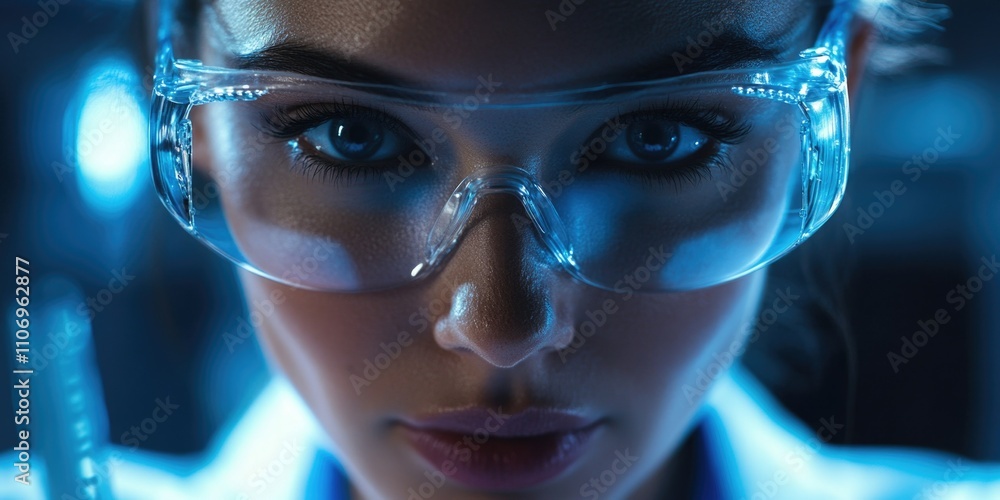 Woman wearing a pair of blue safety glasses. She is looking at the camera. Concept of professionalism and focus Woman wearing a pair of blue safety glasses. She is looking at the camera. Concept of professionalism and focus