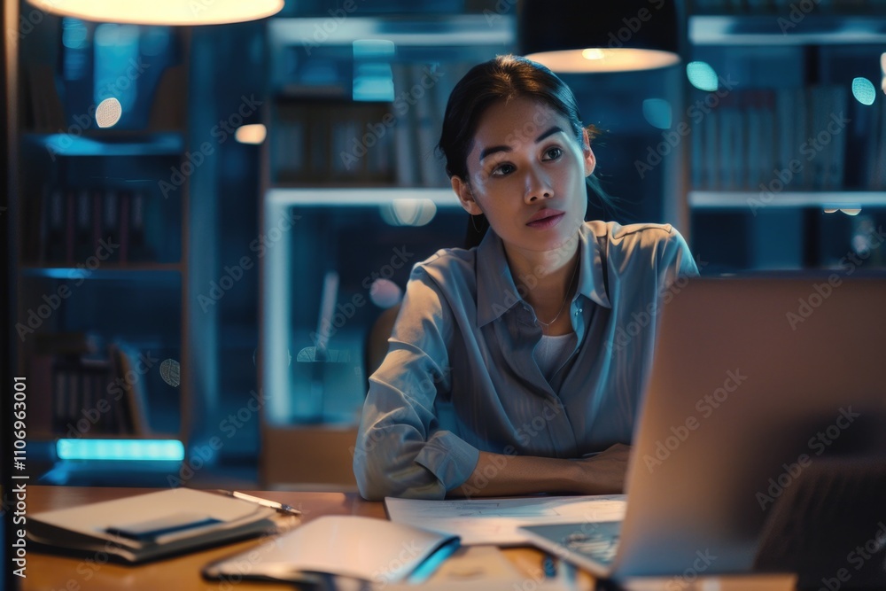 Woman is sitting at a desk with a laptop open in front of her. She is looking at the screen with a serious expression on her face. The room is dimly lit Woman is sitting at a desk with a laptop open in front of her. She is looking at the screen with a serious expression on her face. The room is dimly lit