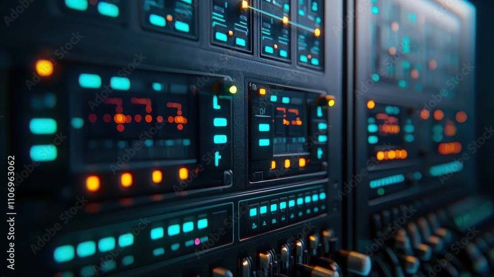 A professional image of an energy control panel glowing with blue LED lights, showcasing modern power distribution technology, with ample copy space A professional image of an energy control panel glowing with blue LED lights, showcasing modern power distribution technology, with ample copy space