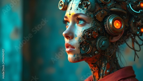 A surreal portrait of a woman, composed of various mechanical and technological elements, including gears, dials, and other industrial components. The appearance of this robot is brightly colored