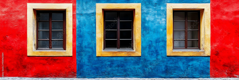 Fototapeta premium Vibrant Building Facade, Three Windows Framed in Yellow, Red and Blue Walls