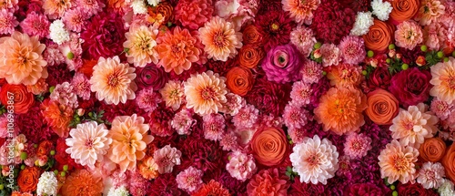 Handmade floral wall background featuring vibrant red, orange, pink, purple, green, and white chrysanthemum flowers beautiful wedding decoration and event backdrop