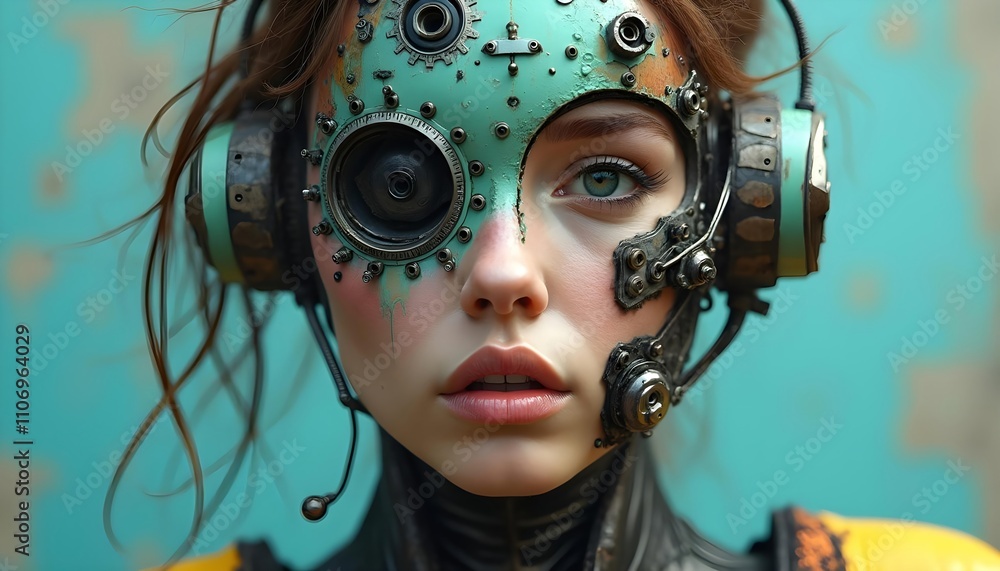 A surreal portrait of a woman, composed of various mechanical and technological elements, including gears, dials, and other industrial components. The appearance of this robot is brightly colored A surreal portrait of a woman, composed of various mechanical and technological elements, including gears, dials, and other industrial components. The appearance of this robot is brightly colored