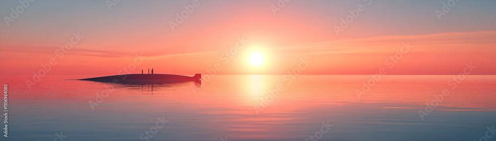 Fototapeta premium Submarine at Sunset, A Digital Painting of a Vessel Silhouetted Against a Vibrant, Calm Ocean at Dusk