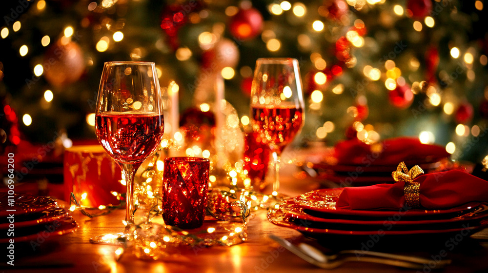 Photo of a Christmas table setting with wine glasses and plates, blurred background with lights and decorations Photo of a Christmas table setting with wine glasses and plates, blurred background with lights and decorations