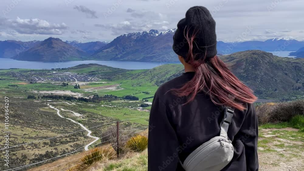 Asian woman takes in a breathtaking view of mountains and lake in New Zealand Asian woman takes in a breathtaking view of mountains and lake in New Zealand