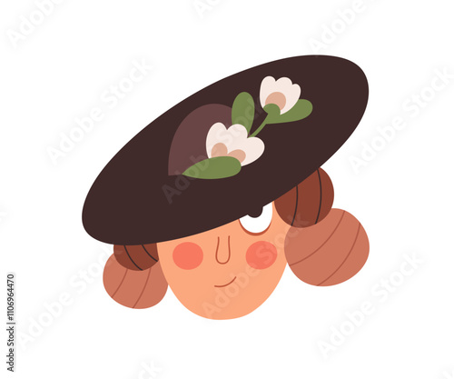 Cute shy girl in hat with floral accessory. Timid female character, lady with curls, red cheeks, modest smile, head portrait, face avatar. Flat vector illustration isolated on white background