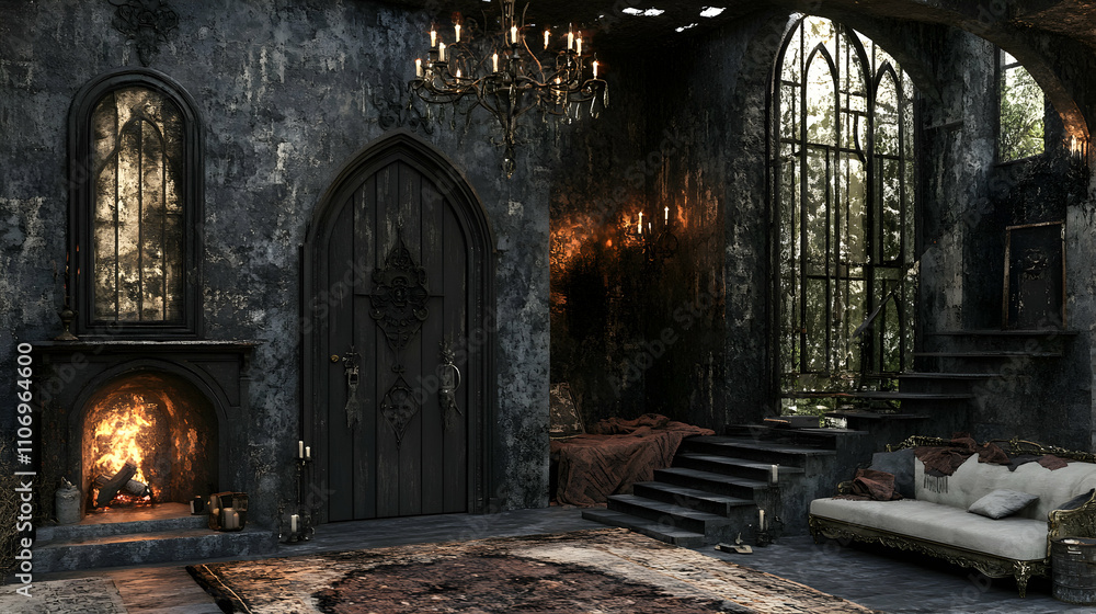 Dark Gothic Interior, A Grand, Old Ruined Mansion's Hall with a Fireplace and Ornate Door, Bathed in Shadowy Light Dark Gothic Interior, A Grand, Old Ruined Mansion's Hall with a Fireplace and Ornate Door, Bathed in Shadowy Light