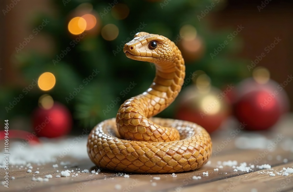Fototapeta premium A handmade wooden snake figurine symbolizing renewal and good luck in the coming year and giving your festive events a touch of artistry. A Christmas tree is visible in the background.