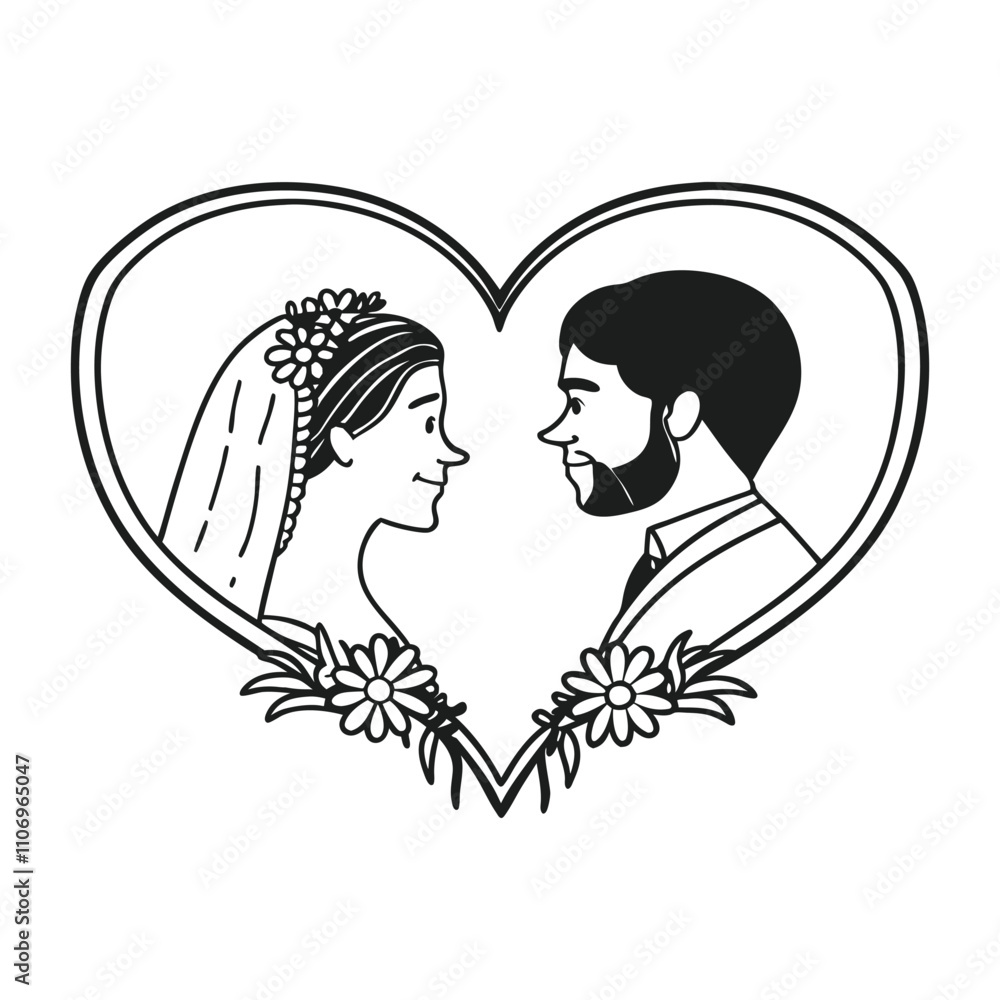 Heart Vector Silhouette Design of Bride and Groom Face Art for Creative Projects Heart Vector Silhouette Design of Bride and Groom Face Art for Creative Projects